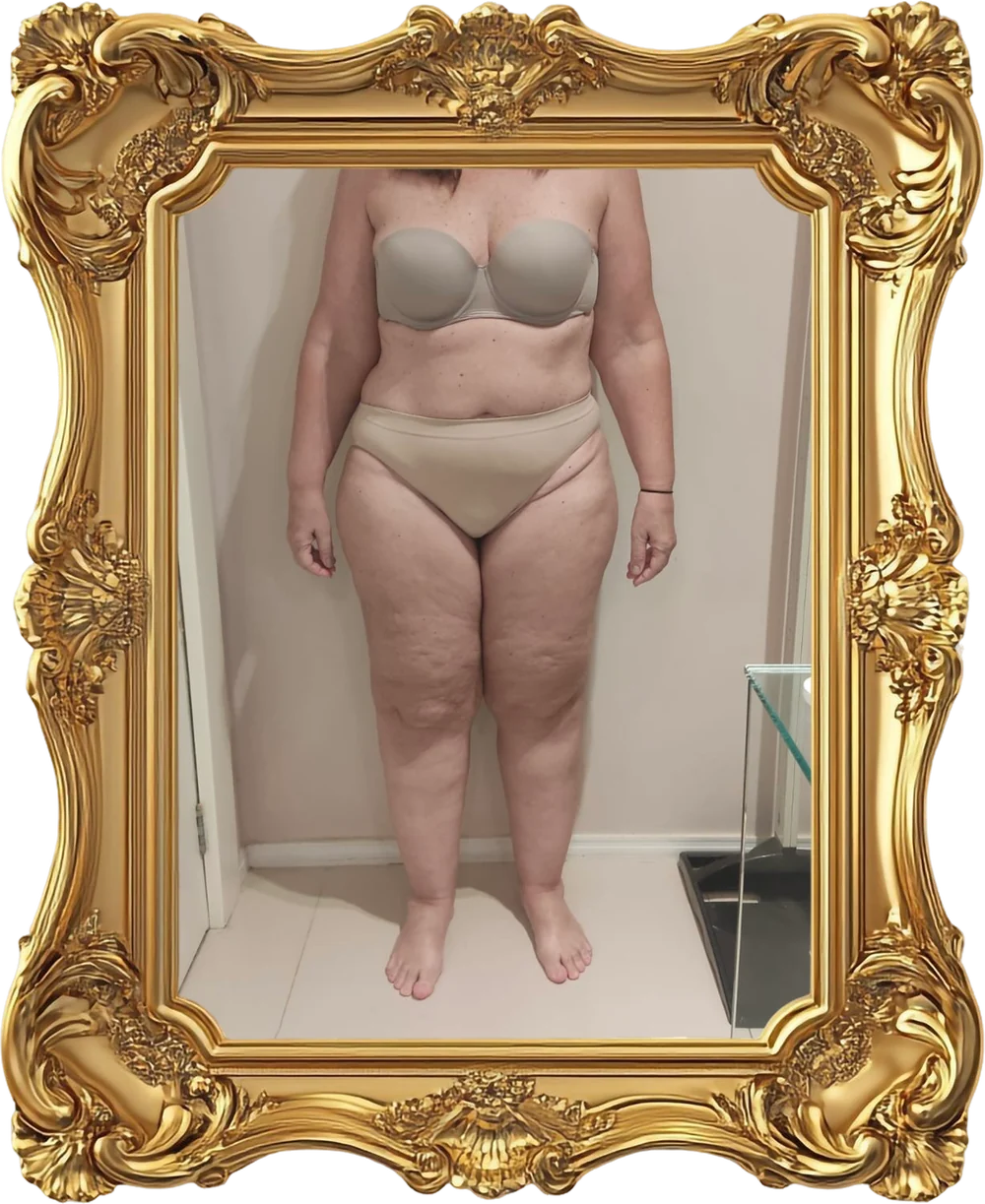 Paciente de lingerie bege em pé, vista de frente, antes do acompanhamento