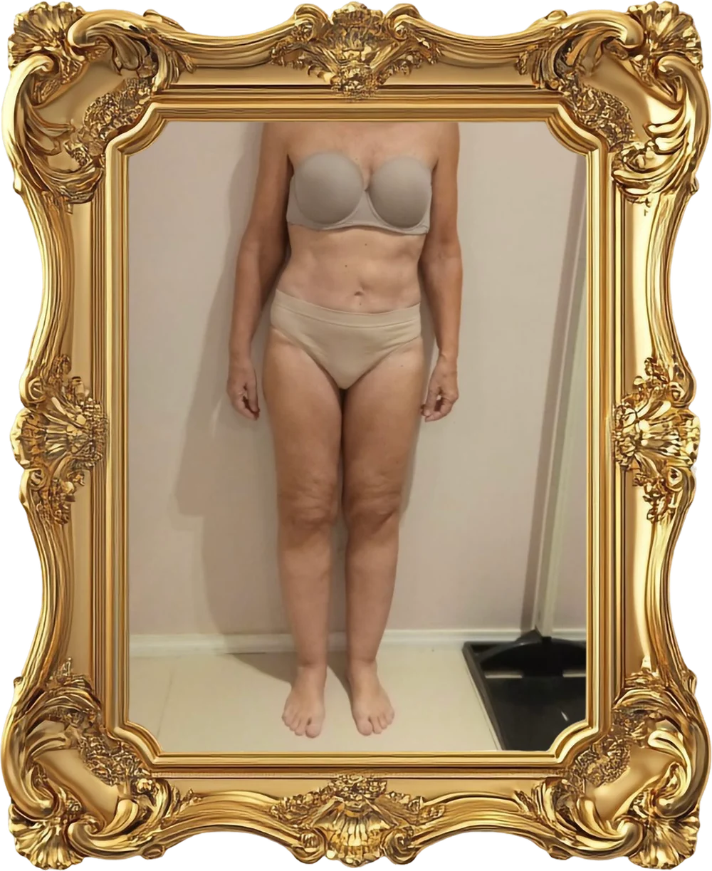 Mesma paciente de lingerie bege em pé, vista de frente, depois do acompanhamento